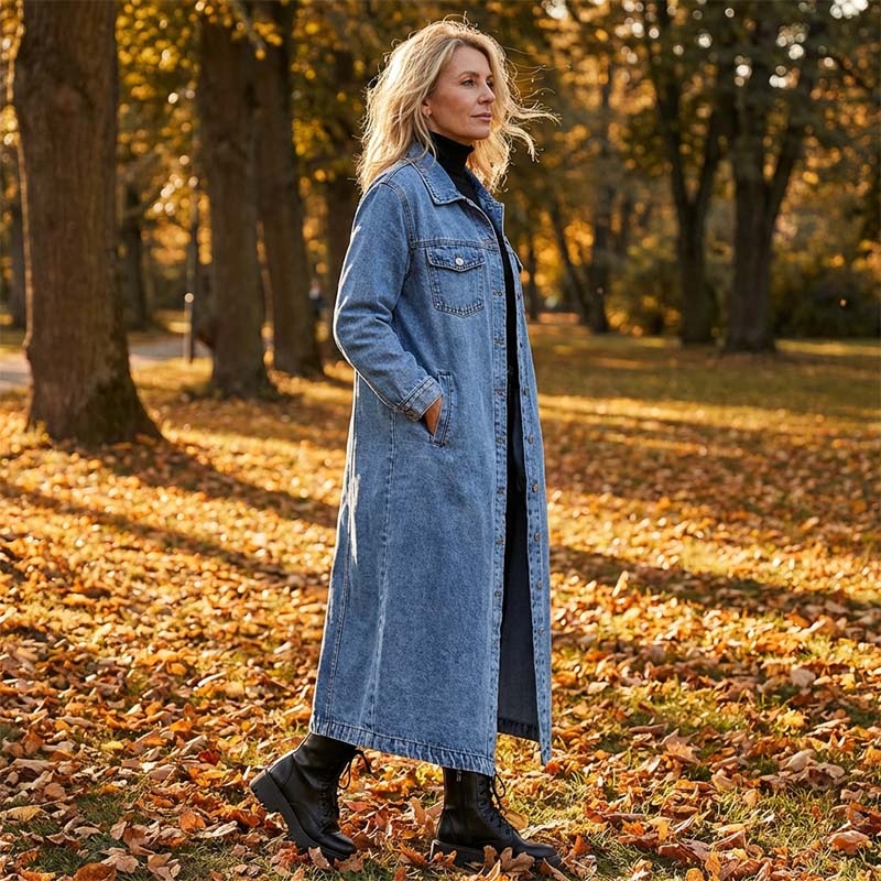 Lång, ledig denimkavaj med knappar för damer