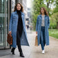 Lång, ledig denimkavaj med knappar för damer