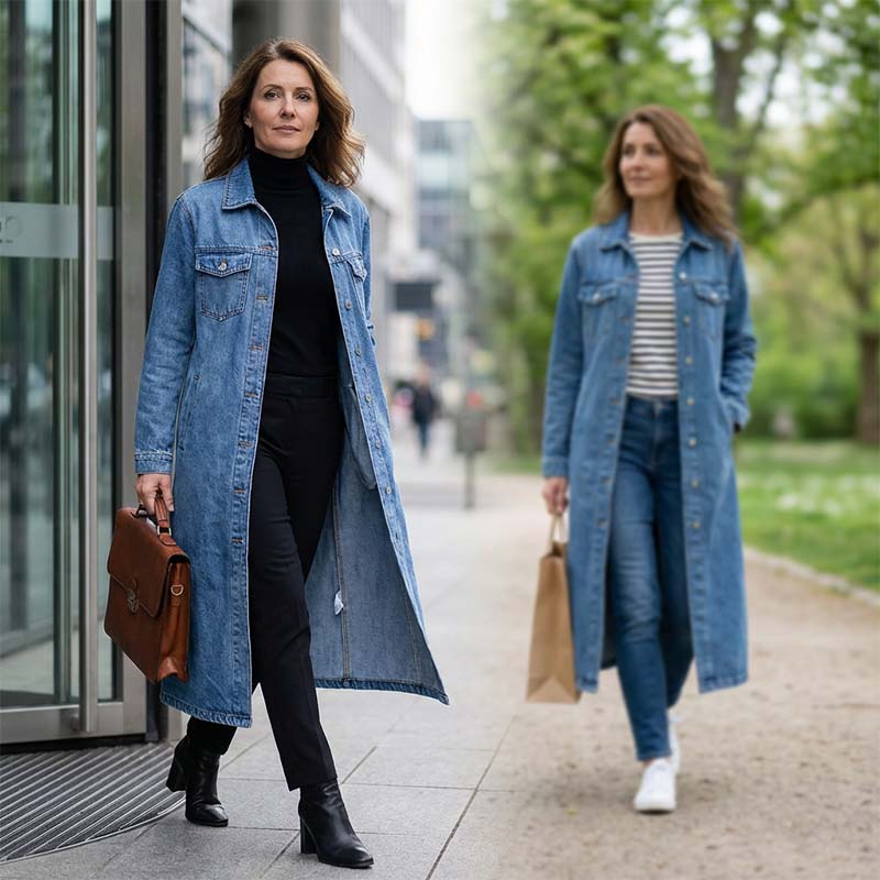 Lång, ledig denimkavaj med knappar för damer