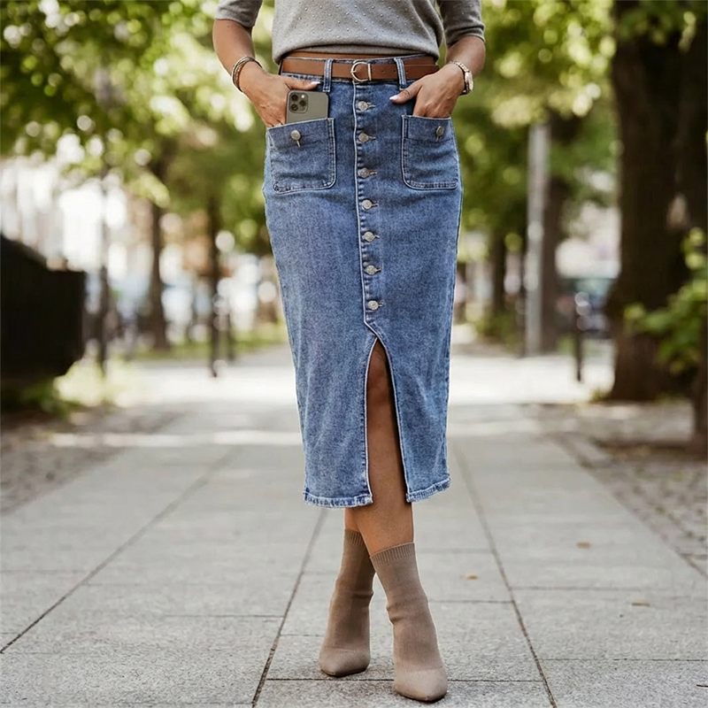 👗 55% RABATT! ⏳ Högmidjad Denimkjol med Knappar Fram – Klädsam A-linje, Justerbar passform & Klassisk stil 💙