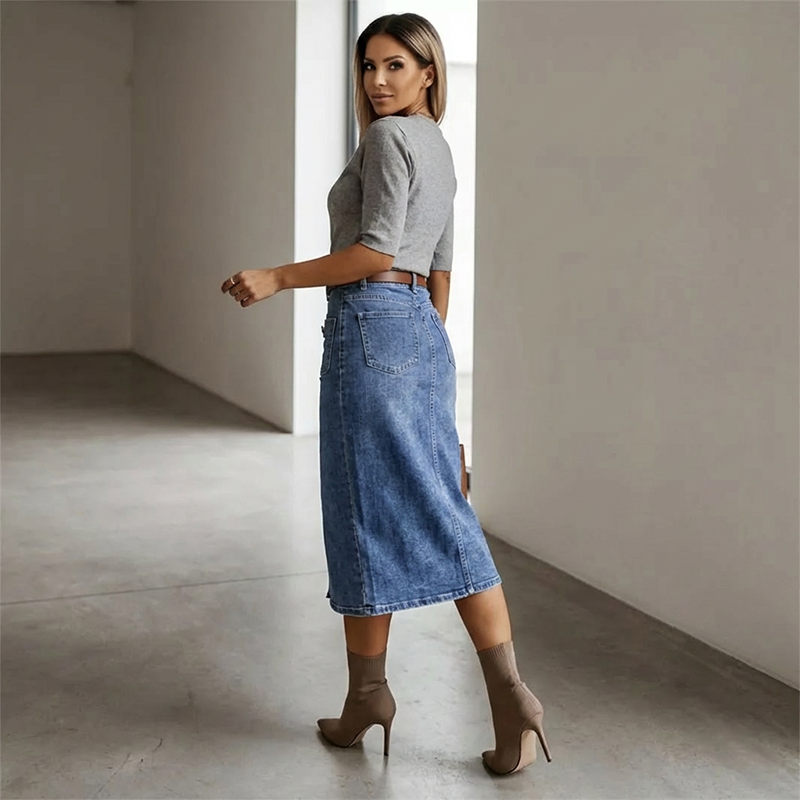 👗 55% RABATT! ⏳ Högmidjad Denimkjol med Knappar Fram – Klädsam A-linje, Justerbar passform & Klassisk stil 💙