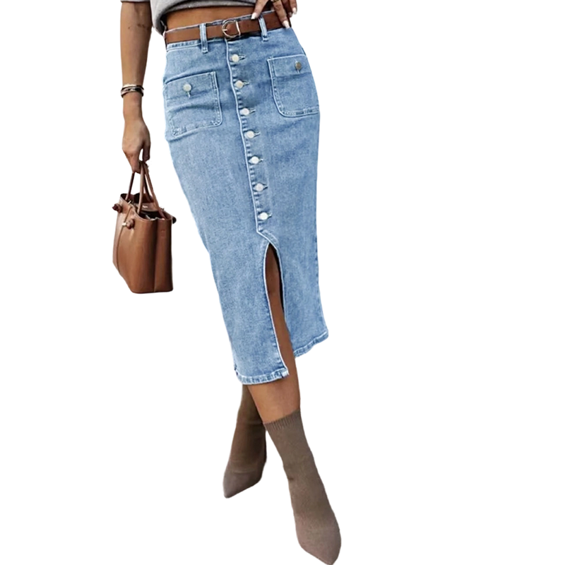 👗 55% RABATT! ⏳ Högmidjad Denimkjol med Knappar Fram – Klädsam A-linje, Justerbar passform & Klassisk stil 💙