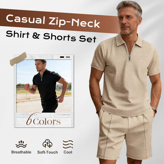 ☀️👕 50% RABATT! | Sommarcasual Set – Våffelskjorta med Dragkedja & Matchande Shorts!