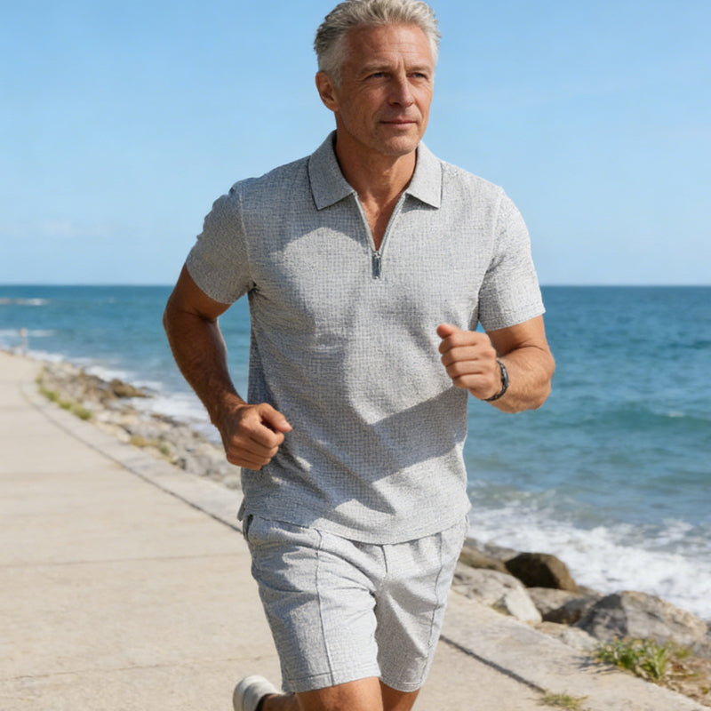 ☀️👕 50% RABATT! | Sommarcasual Set – Våffelskjorta med Dragkedja & Matchande Shorts!