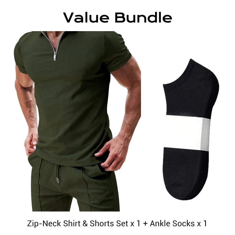 ☀️👕 50% RABATT! | Sommarcasual Set – Våffelskjorta med Dragkedja & Matchande Shorts!