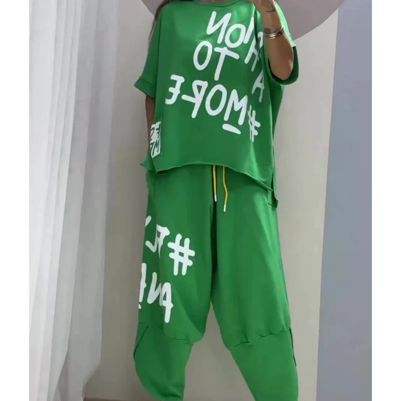 Damernas avslappnade lösa tvådelade T-shirt- och byxuppsättning