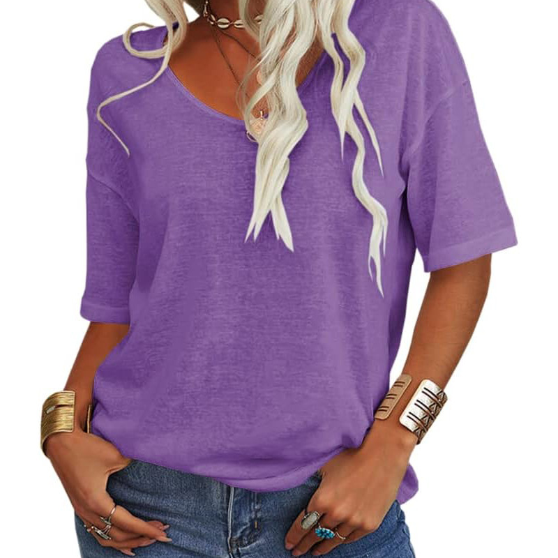 💖 Avslappnad Kortärmad V-ringad T-shirt för Dam
