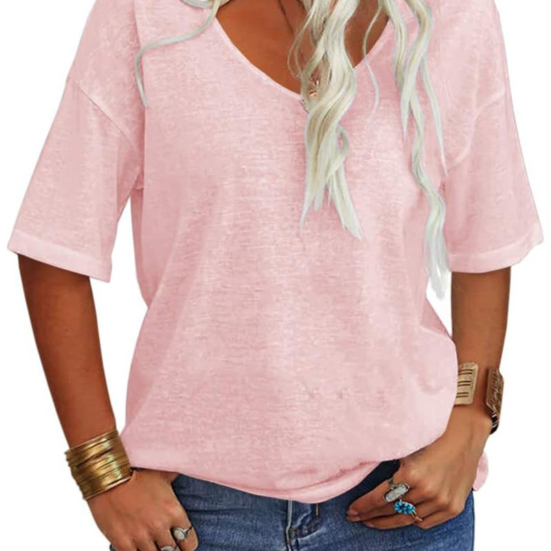 💖 Avslappnad Kortärmad V-ringad T-shirt för Dam