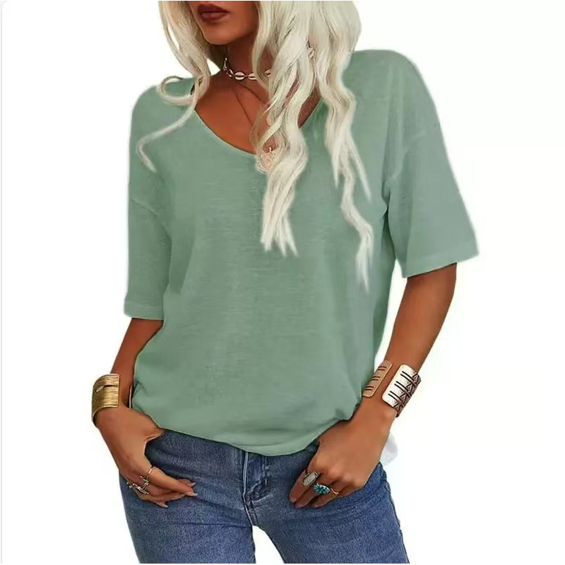 💖 Avslappnad Kortärmad V-ringad T-shirt för Dam