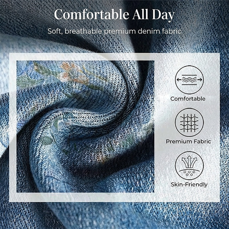 👖 50% RABATT! 🌸 Raka Jeans med Blommönster för Dam – Trendigt Tryck, Bekväm Passform & Perfekt För En Färgstark Look 💙