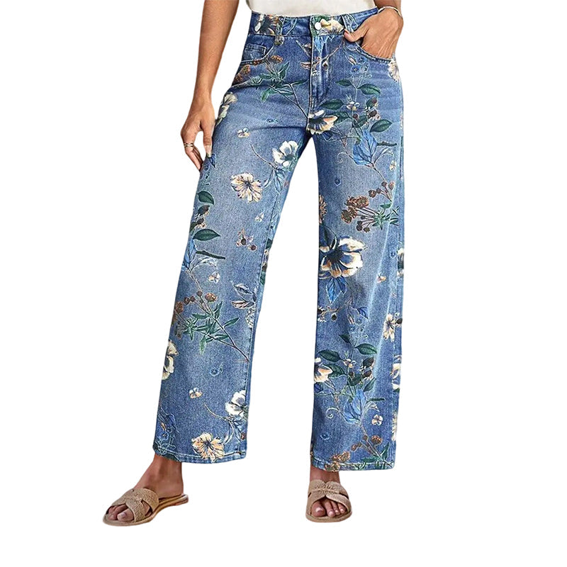 👖 50% RABATT! 🌸 Raka Jeans med Blommönster för Dam – Trendigt Tryck, Bekväm Passform & Perfekt För En Färgstark Look 💙