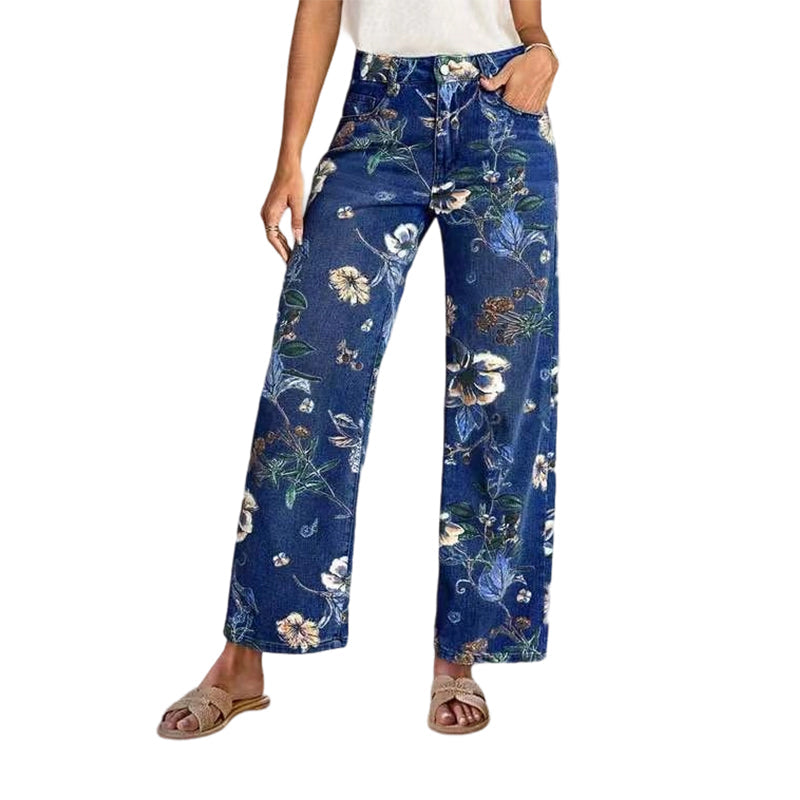 👖 50% RABATT! 🌸 Raka Jeans med Blommönster för Dam – Trendigt Tryck, Bekväm Passform & Perfekt För En Färgstark Look 💙