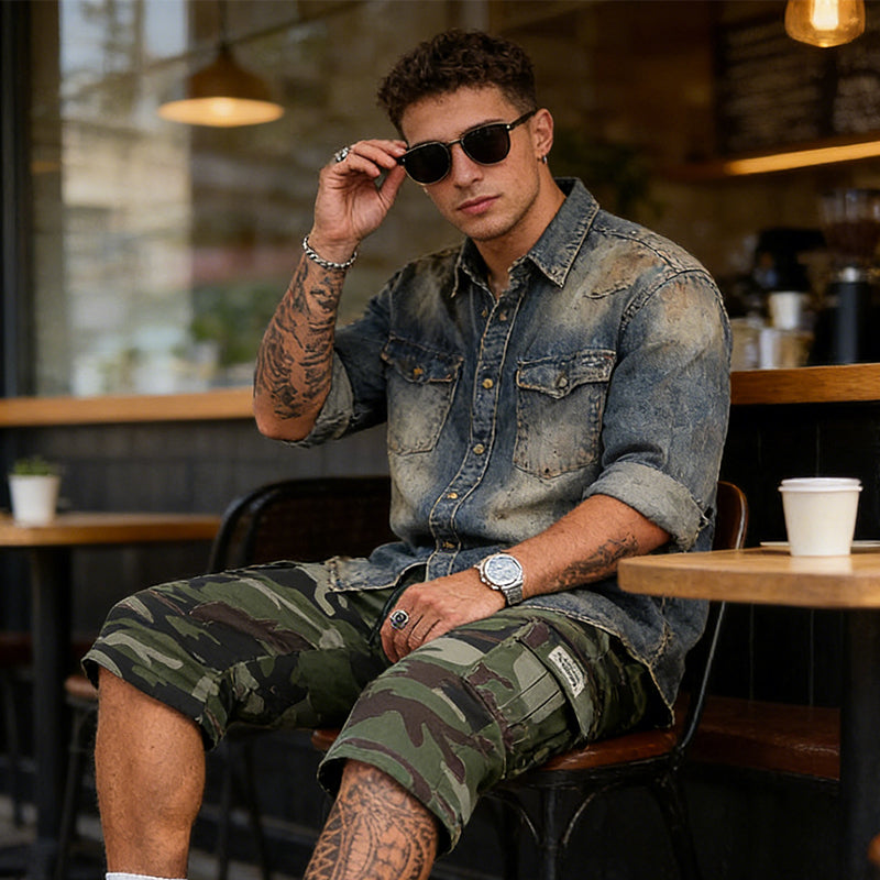 Herr Camouflage Cargo-Shorts med Flera Fickor
