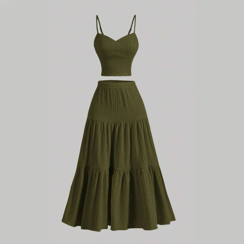 👗 50% RABATT!🌸 Högmidjad A-linje Kjol & Linne Set – 2-delat, Krinklat & Mångsidigt!