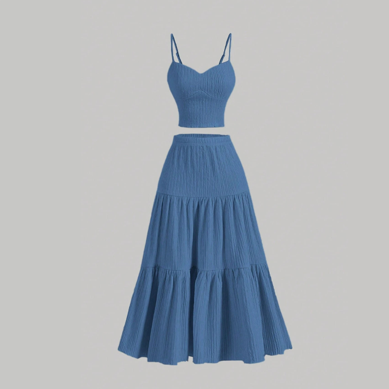 👗 50% RABATT!🌸 Högmidjad A-linje Kjol & Linne Set – 2-delat, Krinklat & Mångsidigt!