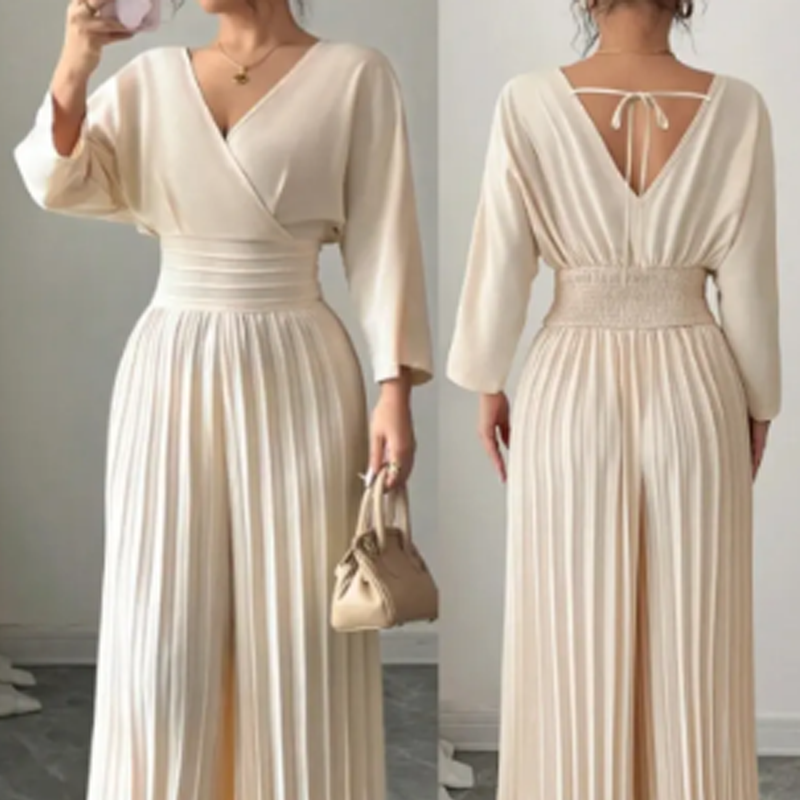 Elegant jumpsuit med V-ringning och plisserade vida ben ✨Släpp loss din charm utan ansträngning