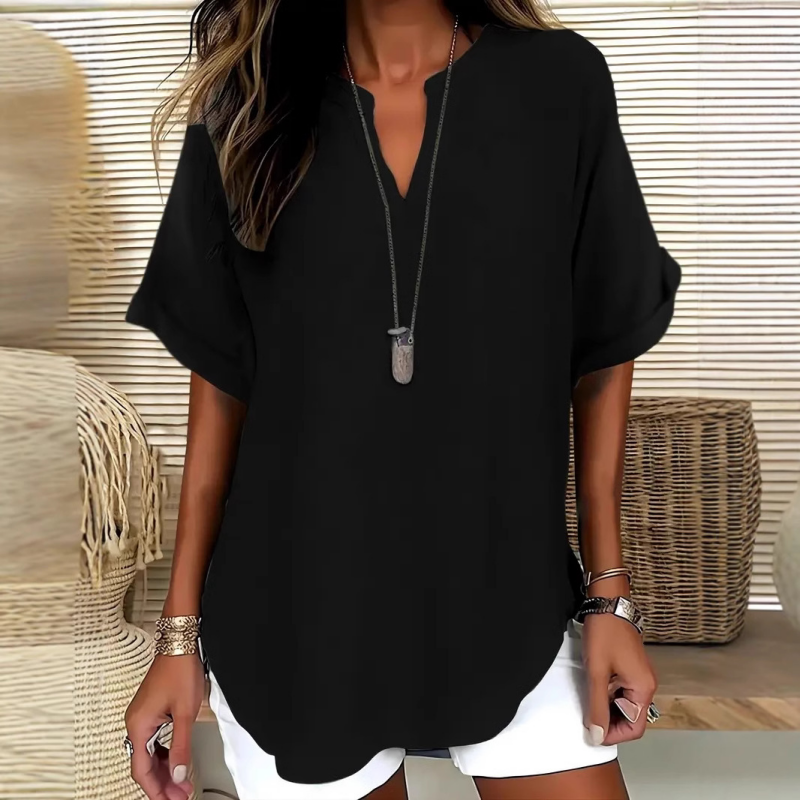 👚60% RABATT! 🔥Modern, lös kortärmad topp – V-ringning med skåra, asymmetrisk fåll och lätt tyg (5 färger, S–2XL) 🌸