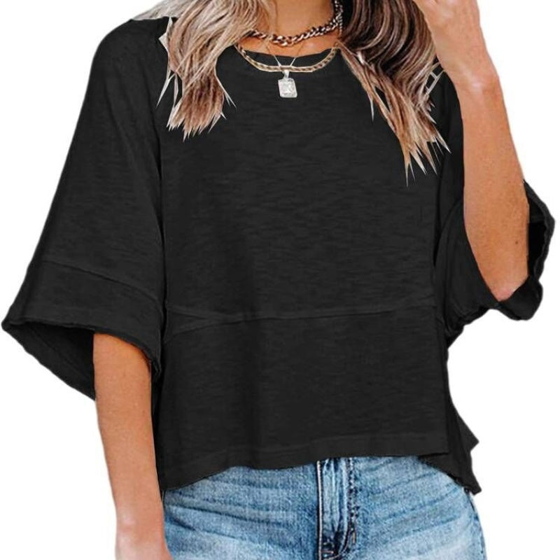 👚 50% RABATT NU! ✨ Damernas Enfärgad Löst Passande T-shirt med Vidärm – Stilren Design & Mjuk Tyg