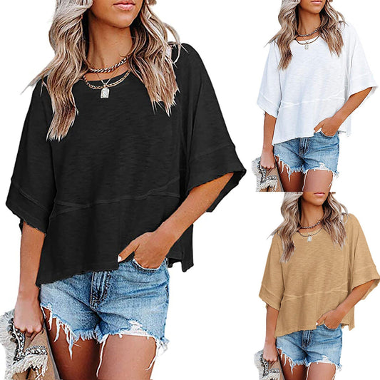 👚 50% RABATT NU! ✨ Damernas Enfärgad Löst Passande T-shirt med Vidärm – Stilren Design & Mjuk Tyg