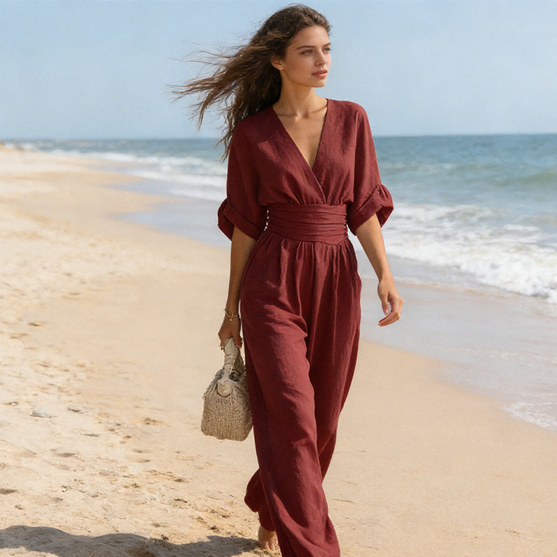 Elegant V-ringad jumpsuit med vida ben