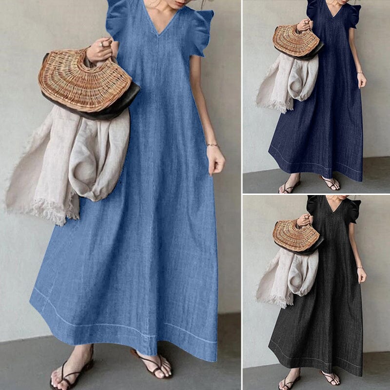 👗 50% RABATT! ✨ Lång jeansklänning med V-ringning – avslappnad passform, bekväm och perfekt för vardagsbruk 🌸