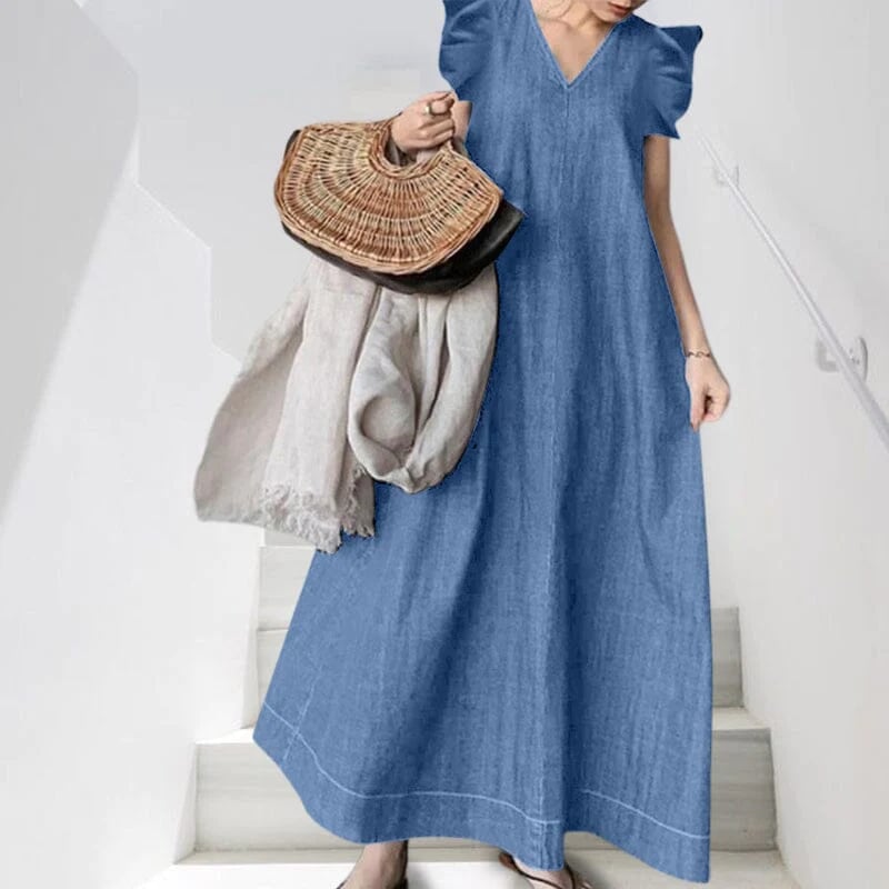 👗 50% RABATT! ✨ Lång jeansklänning med V-ringning – avslappnad passform, bekväm och perfekt för vardagsbruk 🌸