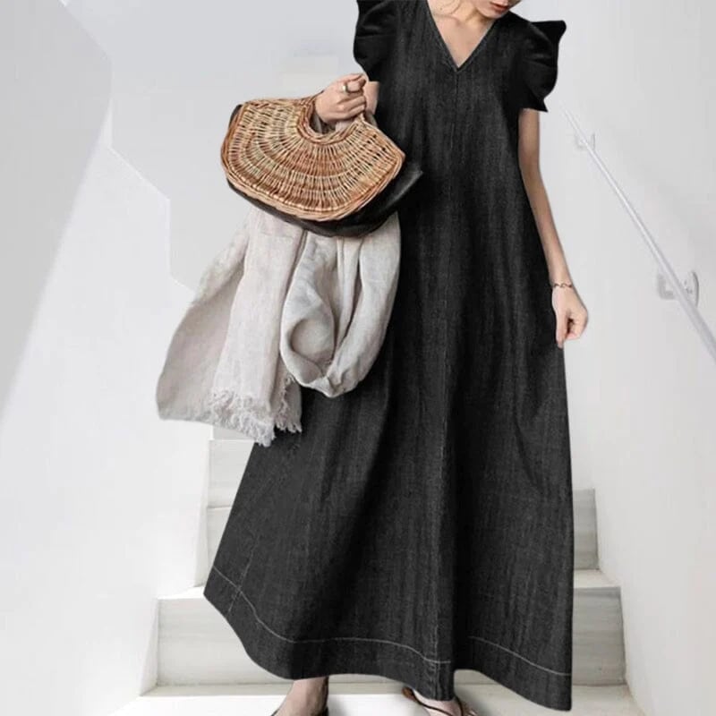 👗 50% RABATT! ✨ Lång jeansklänning med V-ringning – avslappnad passform, bekväm och perfekt för vardagsbruk 🌸