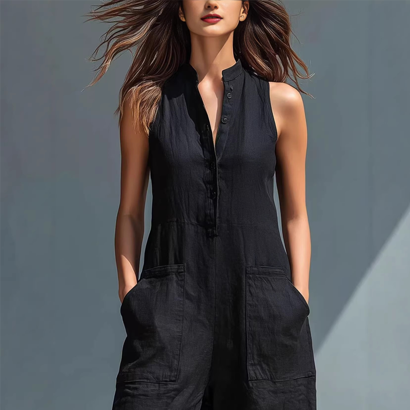 Ärmellös jumpsuit med knappar och vida ben