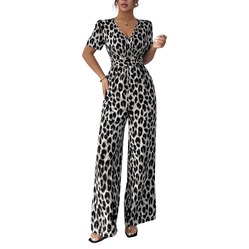 Jumpsuit med leopardmönster, V-ringning och vida ben