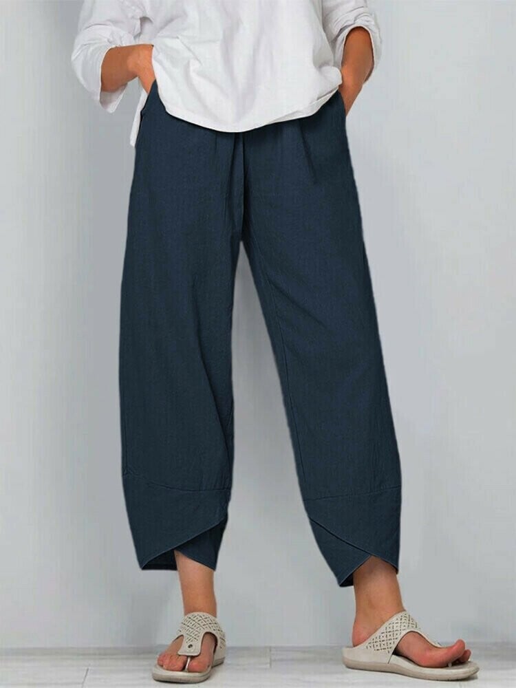 Asymmetriska Vintagebyxor med Elastisk Midja och Fickor