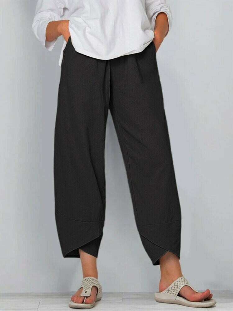 Asymmetriska Vintagebyxor med Elastisk Midja och Fickor