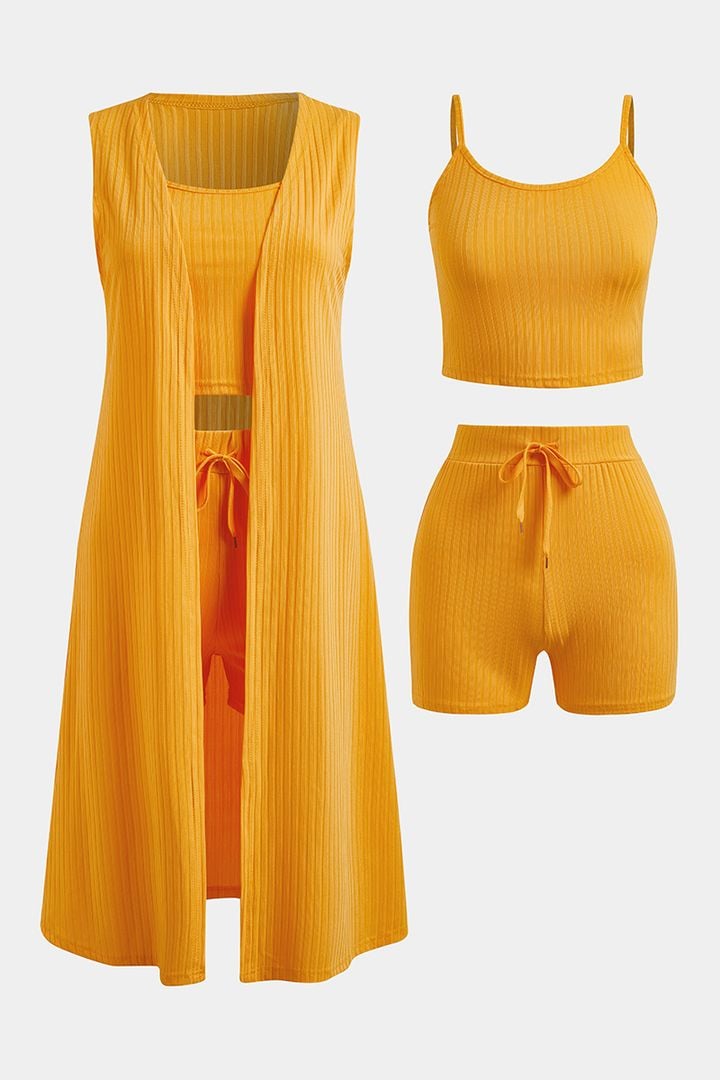 3-delat set med stickad topp, shorts och cardigan