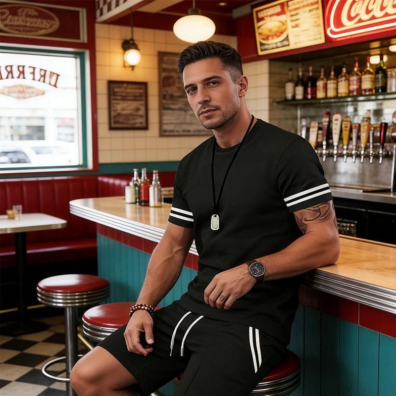 ✨ 55 % rabatt🔥 2-delat set för män: randig t-shirt och shorts