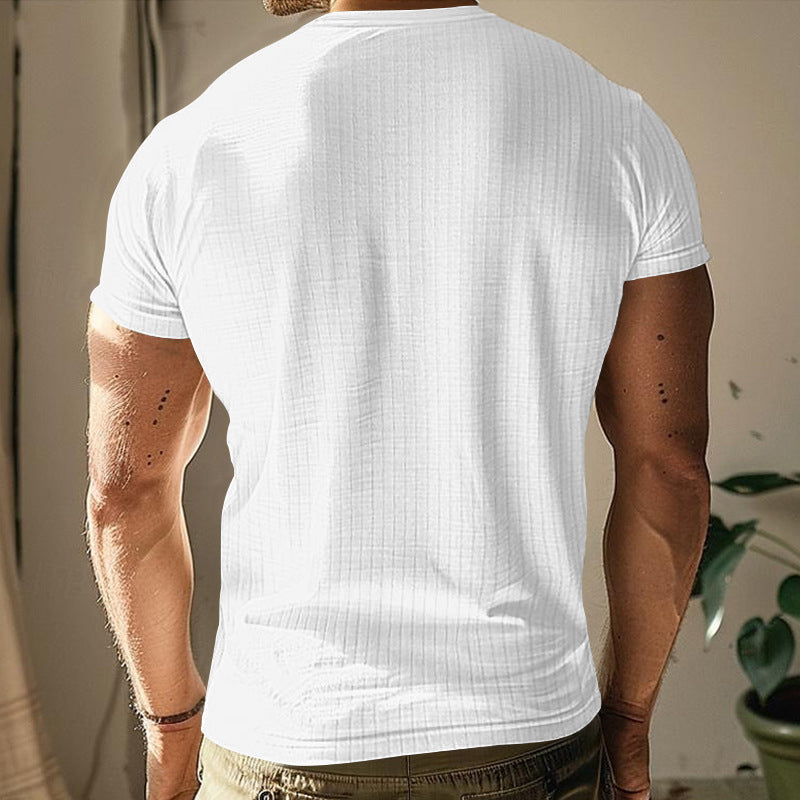 Ribbad Herr T-Shirt med Henley-Krage och Kort Ärm
