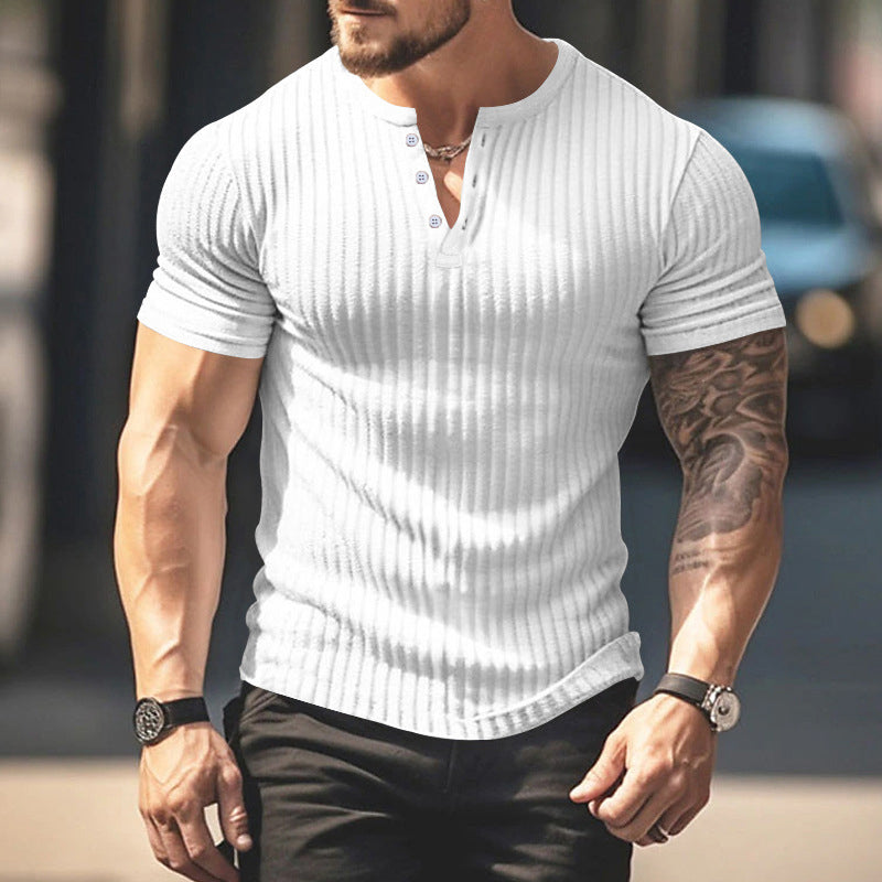 Ribbad Herr T-Shirt med Henley-Krage och Kort Ärm