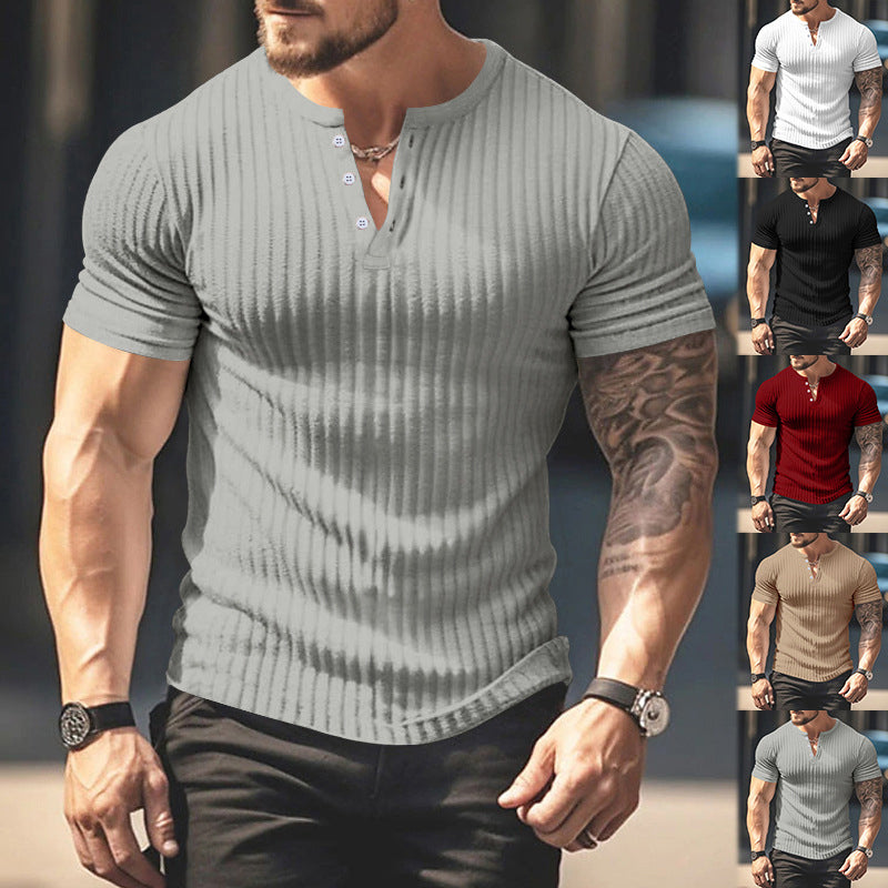 Ribbad Herr T-Shirt med Henley-Krage och Kort Ärm