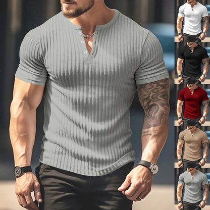 Ribbad Herr T-Shirt med Henley-Krage och Kort Ärm
