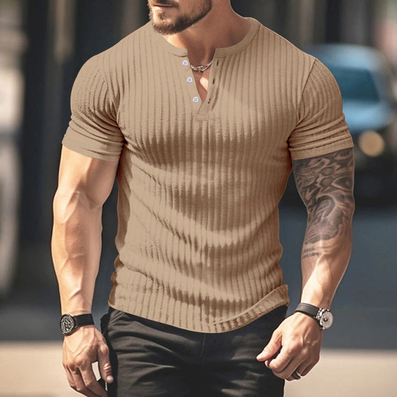 Ribbad Herr T-Shirt med Henley-Krage och Kort Ärm