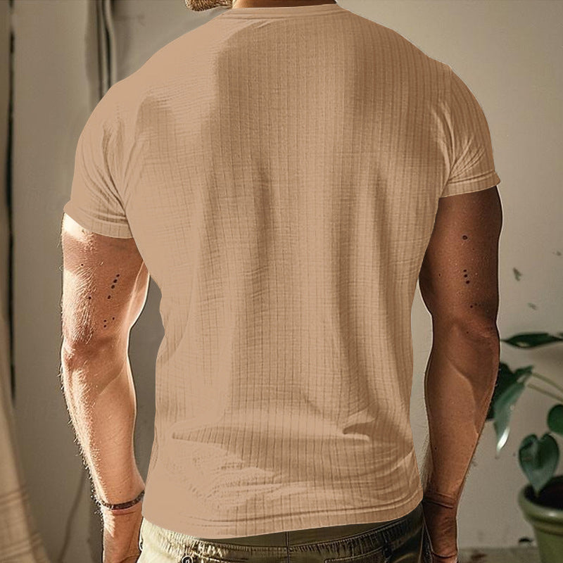 Ribbad Herr T-Shirt med Henley-Krage och Kort Ärm