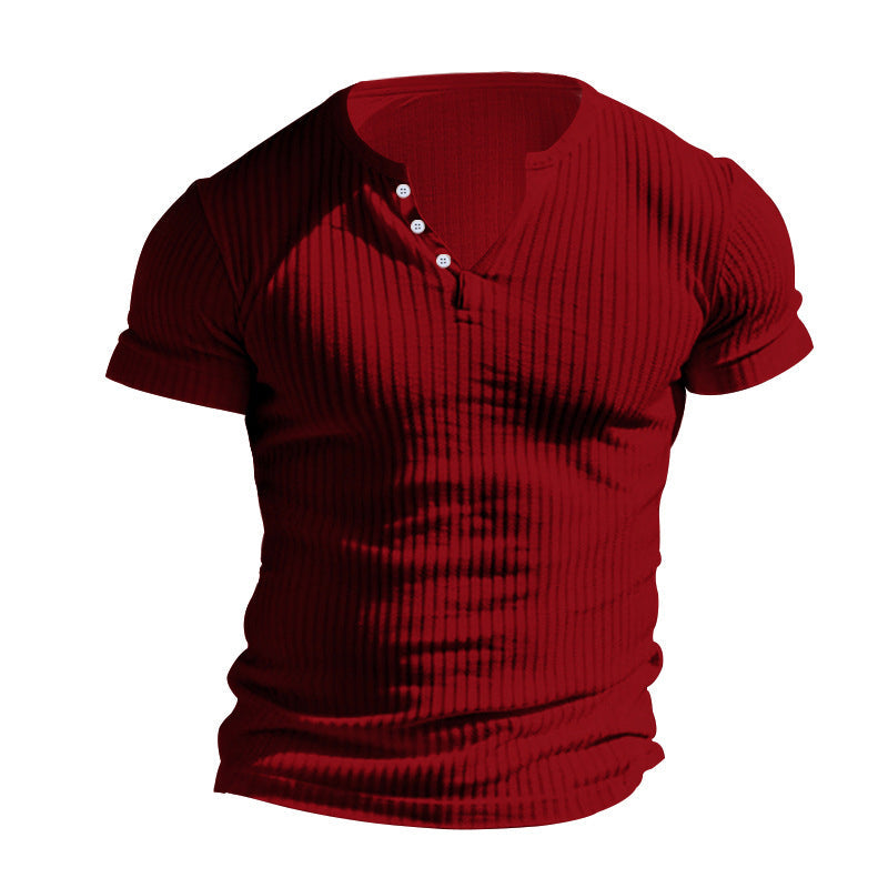 Ribbad Herr T-Shirt med Henley-Krage och Kort Ärm