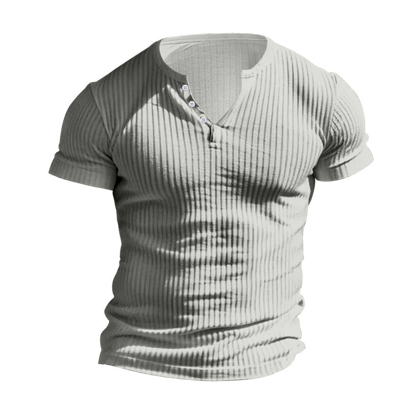 Ribbad Herr T-Shirt med Henley-Krage och Kort Ärm