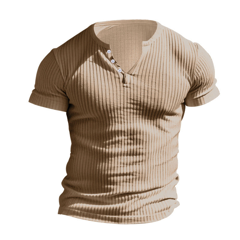 Ribbad Herr T-Shirt med Henley-Krage och Kort Ärm
