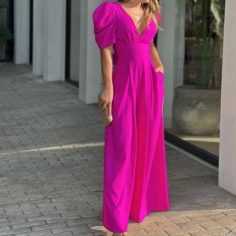 Jumpsuits med djup V-nacke och vida ben för kvinnor