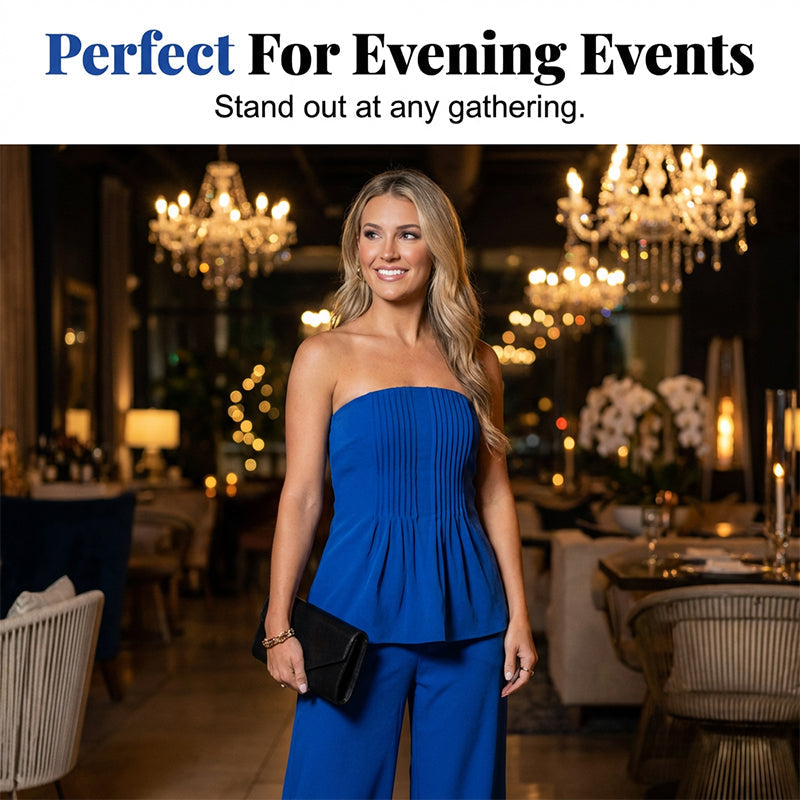 👚 60% RABATT! ✨ Damset med Axelbandslöst Plisserat Peplumtopp & Byxor – Elegant, Bekväm & Perfekt För Festliga Tillfällen 💃