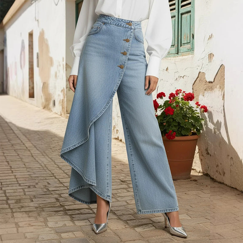 Asymmetriska kjolbyxor i denim med omlott