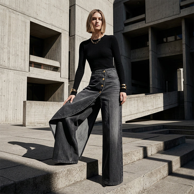 Asymmetriska kjolbyxor i denim med omlott