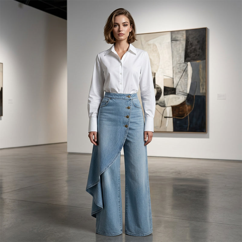 Asymmetriska kjolbyxor i denim med omlott