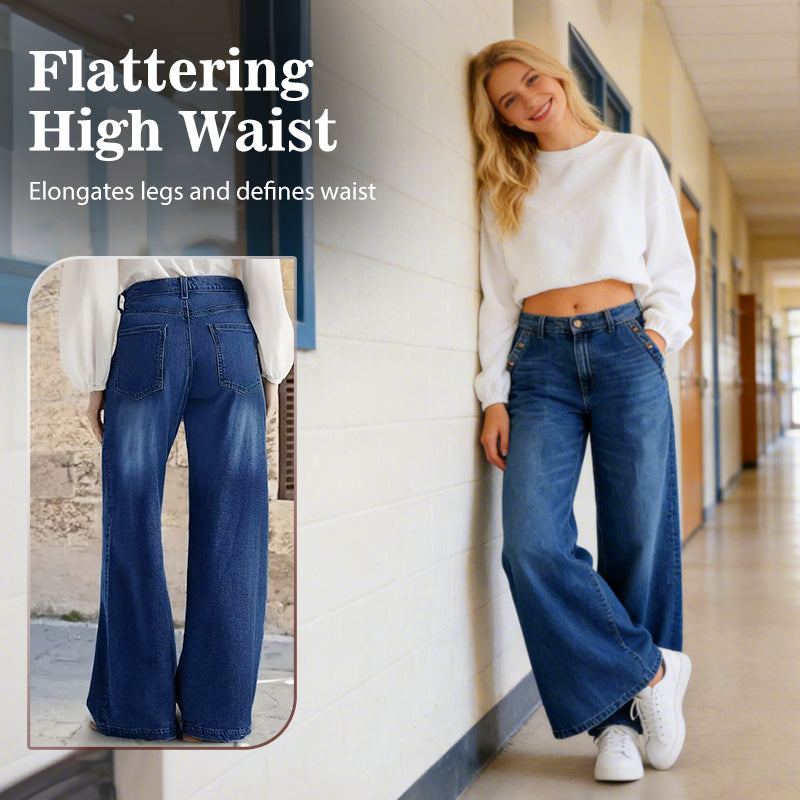 Högmidjade vida jeans med knappdetaljer