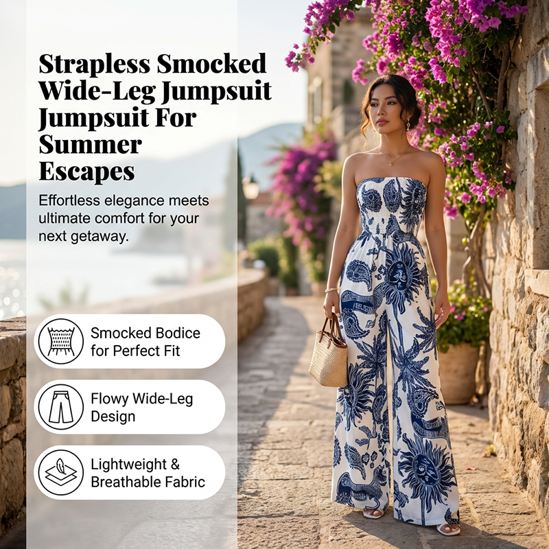 Axelbandslös smockad jumpsuit med vida ben