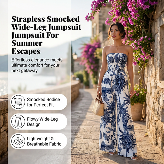 Axelbandslös smockad jumpsuit med vida ben